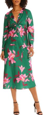 Maggy London Floral Twisted Empire Waist Midi Dress in Emerald Green/Pink Blossom at Nordstrom Rack, Size 6
