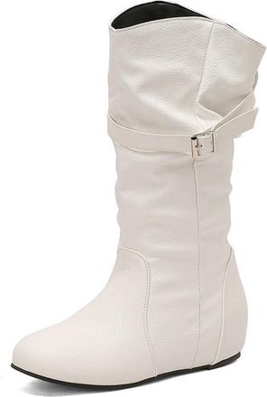 Generic Womens Pull on Slouch Mid-Calf Boots Round Toe PU Leather Casual Boots Wedge Heel Western Boot with Buckle,White,10.5 UK