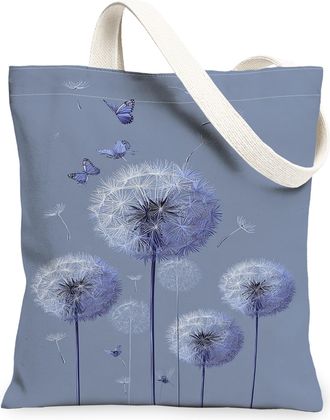 Generic Blue Floral Canvas Tote Bags, Artistic Dandelion Pattern Reusable Grocery Bags, Vintage Lightweight Washable Shoulder Strap, Blue, 13x15 Inch