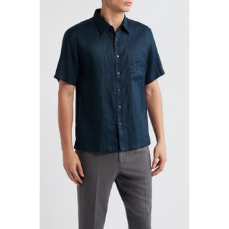 Theory Irving Solid Short Sleeve Linen Button-Up Shirt in Baltic at Nordstrom, Size Xx-Large