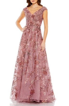 Mac Duggal Embroidered Illusion Cap Sleeve A Line Gown in Cinnamon at Nordstrom, Size 10