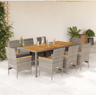 vidaXL Set De Comedor Jard&iacute;n 9 Pzas Con Cojines Rat&aacute;n Pe Acacia Gris Vidaxl