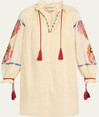 Valentino Garavani Floral Embroidered Pintuck Blouse