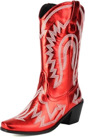 Generic Womens Metallic Embroidered Western Cowgirl Boots V-Cut Wide Calf Comfort Chunky Heel Square Toe Retro Shoes Pull On (8.5,Red)