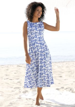 Beach Time Sommerkleid BEACHTIME, Damen, Gr. 34, N-Gr, blau, creme bedruckt, Jersey, Obermaterial: 60% Viskose, 35% Polyester, 5% Elasthan, bedruckt, gebl&uuml;mt, fi