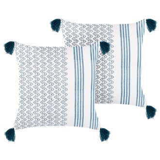 Beliani Conjunto De 2 Cojines De Algod&oacute;n Blanco Azul Oscuro 45 X 45 Cm Bloque Impreso Tilia