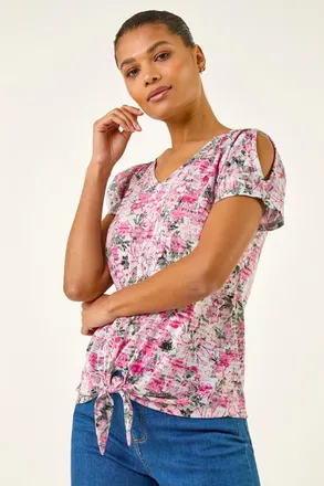 Roman Floral Print Burnout Tie Top