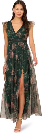 Adrianna Papell Womens Print Tulle Maxi Dress - Green - Size Medium