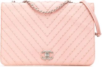 Chanel Pre-owned Womens Studded Chevron Quilted Bag - Pink Leather - One Size