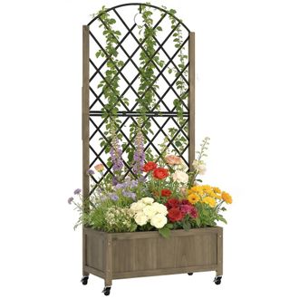 OUTSUNNY Jardinera De Madera Con Enrejado Met&aacute;lico Y Ruedas, Jardinera Exterior Para Plantas Trepadoras, Macetero Elevado, 72x36x168 Cm, Carbonizado