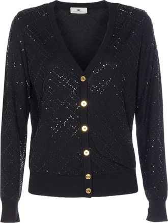Elisabetta Franchi Diamond-Pattern Black V-Neck Knit Cardigan