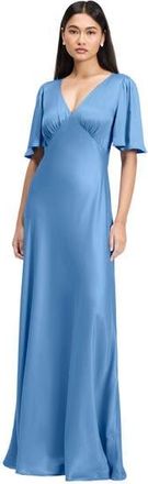 Ghost London Arabella Angel Sleeve Satin Maxi Dress in Chambray Blue at Nordstrom, Size 12