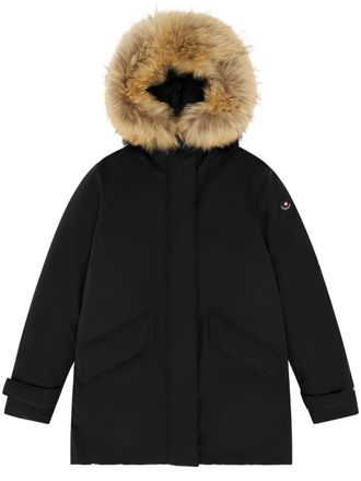 Canadian Mid-Length Black Parka with Fur-Trimmed Hood