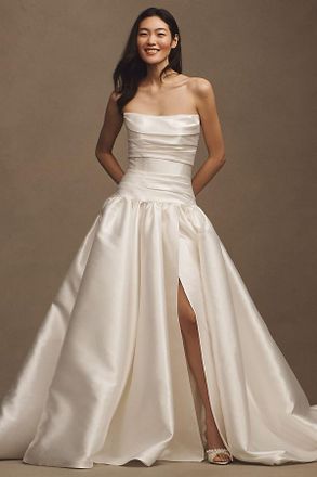 Watters Leighton Mikado Strapless Drop-Waist Draped Ball-Skirt Wedding Gown