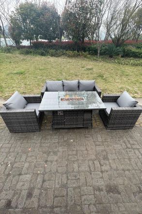 Fimous 5 Seater Outdoor PE Rattan Garden Furniture Gas Fire Pit Dining Table Lounge Sofa 2 PC Armchairs in Dark Grey