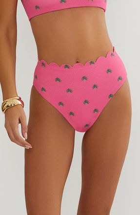 Beach Riot Nessa Scallop High Waist Bikini Bottoms in Flamingo Fronds at Nordstrom, Size X-Small