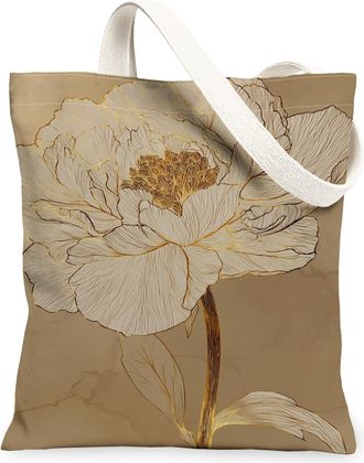 Generic Floral Canvas Tote Bags, Elegant Flower Design Reusable Grocery Bags, Vintage Lightweight Washable Shoulder Strap Canvas Fo, Beige, 13x15 Inch