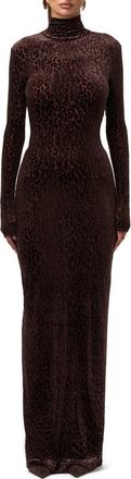 Naked Wardrobe Burnout Long Sleeve Maxi Dress in Leopard Dark Chocolate at Nordstrom, Size Medium
