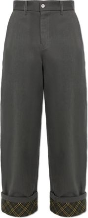 Burberry Logo Geborduurd Broek met Omgeslagen Zoom - Heren - Straight fit broeken - Grijs - XL - Katoen - Broeken