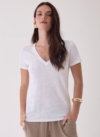 Majestic Filatures Stretch Linen Short Sleeve V-Neck T-Shirt in Blanc at Nordstrom, Size 2