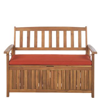 Beliani Beliani - Banco De Jard&iacute;n Con Almacenaje De Madera Maciza De Acacia 2 Plazas 120 Cm Color Claro Coj&iacute;n Rojo Sovana