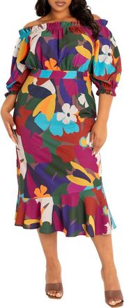 Buxom Couture Floral Off-the-Shoulder Fit & Flare Dress in Brown Multi at Nordstrom, Size 2 X