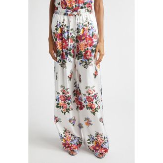 Dolce & Gabbana Floral Bouquet Print Silk Twill Drawstring Pants in Mazz.fiori F.bianco at Nordstrom, Size 12 Us