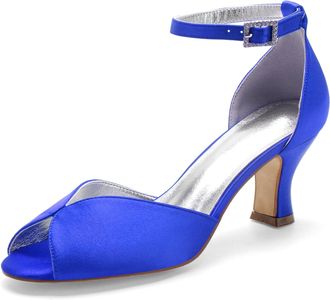 Generic Wedding Heels Low Heel Wedding Bridal Shoes Peep Toe Bridal Shoes Ankle Buckle Strap Satin Evening Party High Heels Sandals 6.5Cm,Blue,10 UK