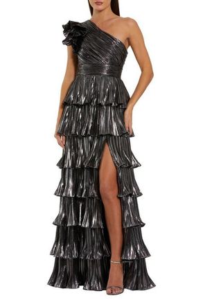 Mac Duggal Pleated Metallic Tiered Ruffle One Shoulder Gown in Gunmetal at Nordstrom, Size 14