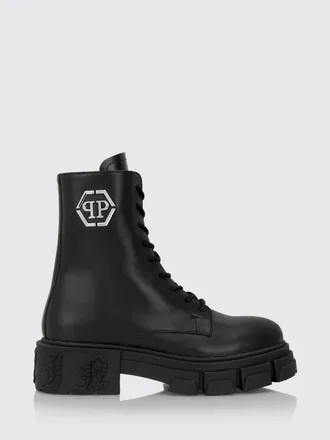 Philipp Plein Anfibi in pelle di vitello monogram con logo Hexagon