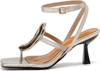 Generic Womens Square Toe PU Leather Bridal Sandals Cross Strap Wedding Dress Pumps Stiletto High Heel Evening Party Prom Shoes,Gold,3.5 UK