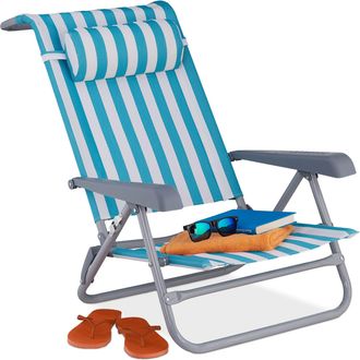 Relaxdays Relaxdays - Tumbona Playa Plegable, Reclinable, 8 Niveles, Silla Piscina Reposacabezas, Abrebotellas, Rayas, Azul Y Blanco