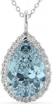 Allurez Halo Aquamarine & Diamond Pear Shaped Pendant Necklace 14k White Gold (6.04ct)