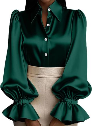 Generic Womens Satin Blouse Long Lantern Sleeve Button Down Top - Dressy Casual Business Work Attire with Loose Comfortable Fit(Green, XXL)