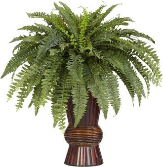 Nearly Natural Boston Fern With Bamboo Vase Silk Plant