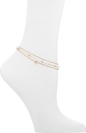 BP. Set of 3 Assorted Faux Pearl Bead & Chain Anklets in Ivory- Gold at Nordstrom