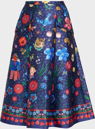 Maison Common Printed Micado Satin Midi Skirt