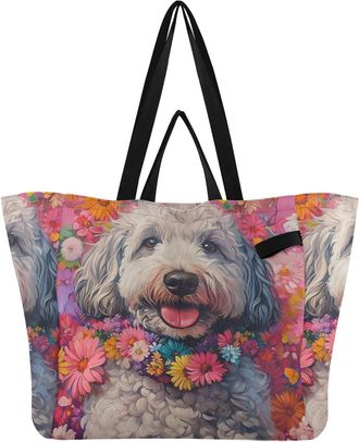 Generic Colorful Flowers Dog print Reusable Canvas Tote Bag, Heavy Duty Grocery Shopping Bag with Large Capacity Hard Bottom Double Handles Work Groceries Tra