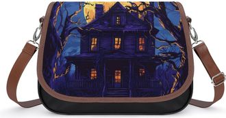 Generic Haunted House And Moon Crossbody Bag Womens Handbag PU Message Bags Shoulder Purse with Adjustable Strap