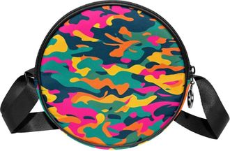 Generic Circle Crossbody Bag for Women, Colorful Camouflage Small Sling Bag Daypack with Zipper Adjustable Shoulder Straps Casual Ladies Girls Round Purse