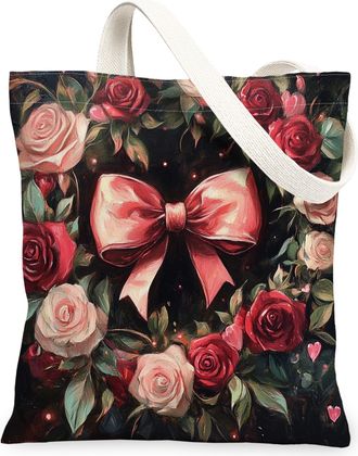 Generic Floral Canvas Tote Bags, Rose Bow Pattern Reusable Grocery Bags, Autumn Chic Lightweight Washable Shoulder Strap Canvas for Travel Beach Picnic 13x15 