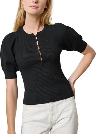 Lilla P Elbow Sleeve Henley Sweater In Black