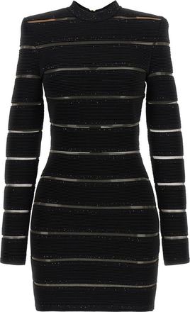 Balmain Black Glitter Striped Bodycon Mini Dress