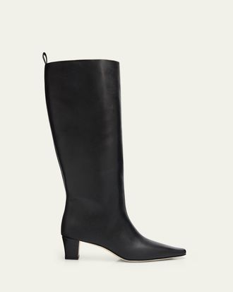 Manolo Blahnik 50mm Leather Knee-High Low-Heel Boots