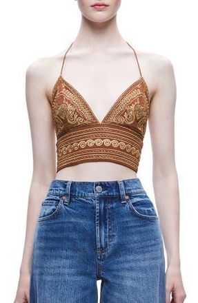 Alice & Olivia Carli Beaded Embroidered Halter Bra Top in Camel/gold at Nordstrom Rack, Size 10