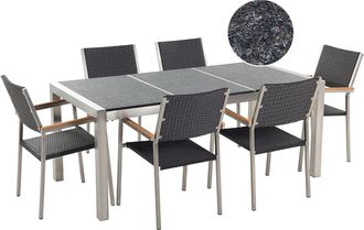 Beliani Conjunto De Comedor De Jard&iacute;n Negro Con Mesa 180 X 90 Cm De Basalto Negro 6 Sillas De Rat&aacute;n Grosseto