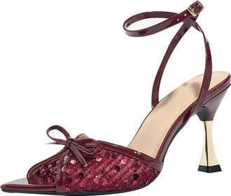 Generic Heel Sandals for Women 9CM Sexy Ankle Strap Mesh Sequins Pointed Toe Bow Party Dress Heel Wedding Evening (Red,11.5)