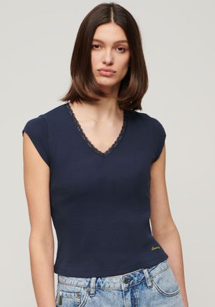 Superdry T-Shirt SUPERDRY ESSENTIAL LACE TRIM V TEE, Damen, Gr. XL (XXL), blau (richest navy), Single Jersey, Obermaterial: 100% Baumwolle, unifarben, relaxed 