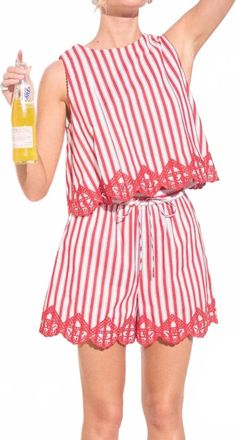 Skies Are Blue Clothing Strolling Seaside Sleeveless Striped Top With Embroidery Hem In Red/ White
