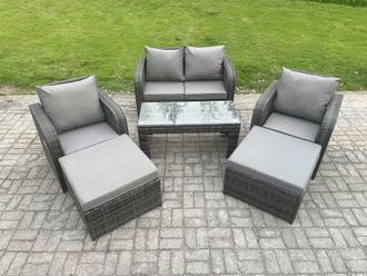 Fimous 6 Seater Rattan Wicker Garden Furniture Patio Conservatory Sofa Set with Rectangular Coffee Table Reclining Chair Love Sofa 2 Big Footstool